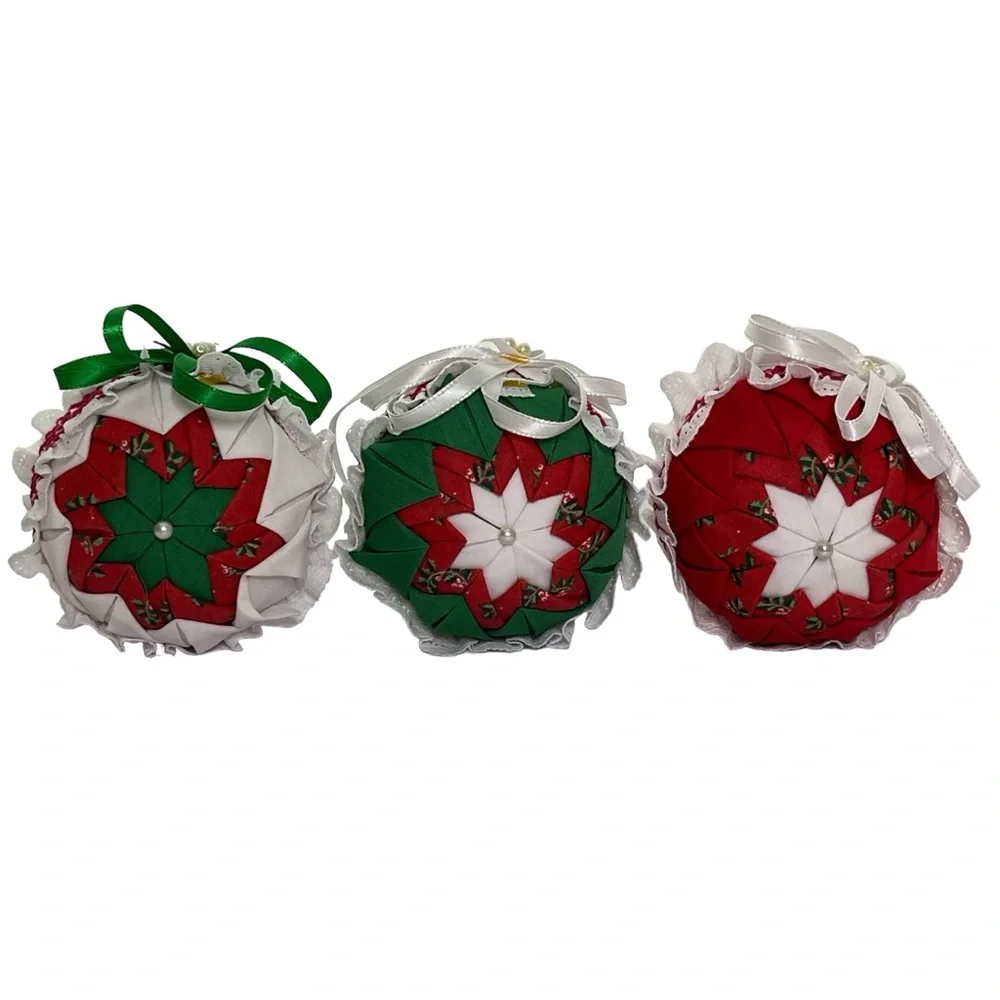 Vintage Handmade Folded Fabric Multicolor Christmas Ball‎ Ornaments Set of 7